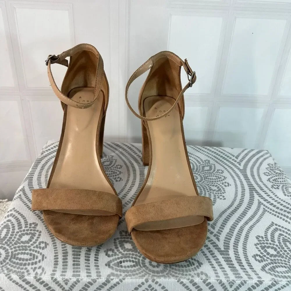 A New Day Tan Ema High Block Heel Square Toe Suede Ankle Strap Sandals Size 10